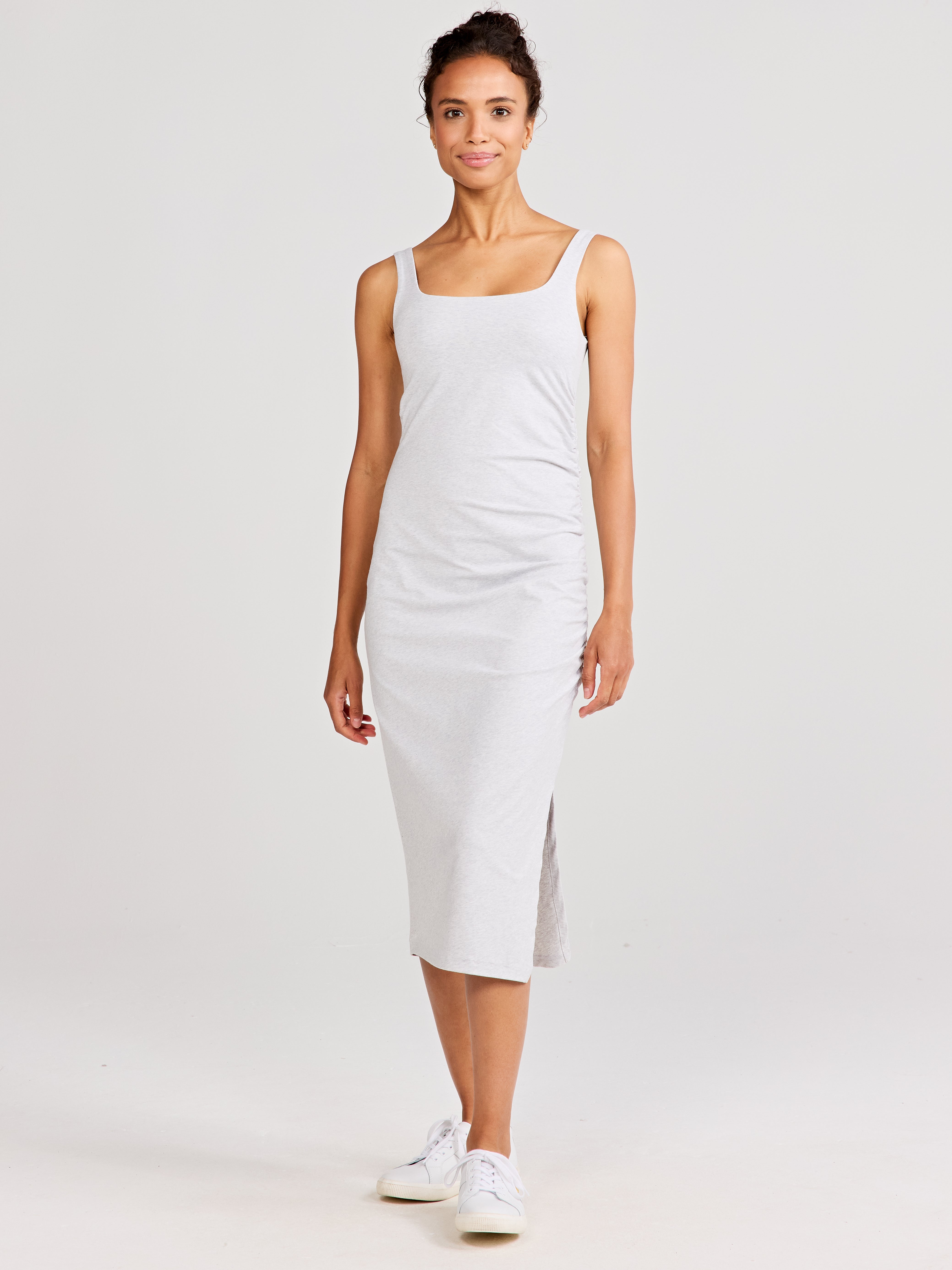 Uptown Luxe Ruched Midi Dress Light Gray Jaspe / L Uptown Luxe Ruched Midi Dress Light Gray Jaspe / L