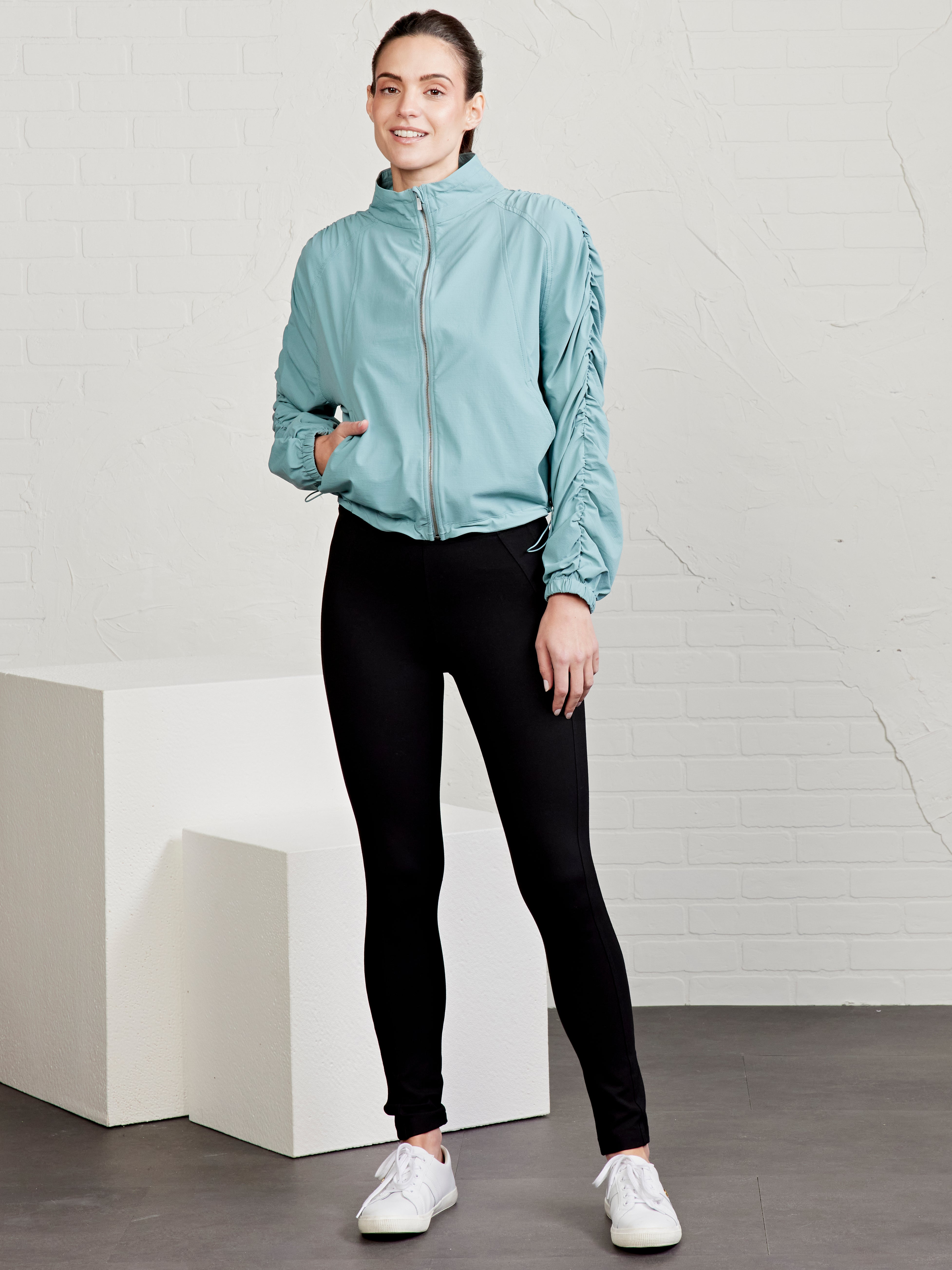 Jet Set Ruched Windbreaker Green Quartz tasc Performance Jet Set Ruched Windbreaker Green Quartz tasc Performance