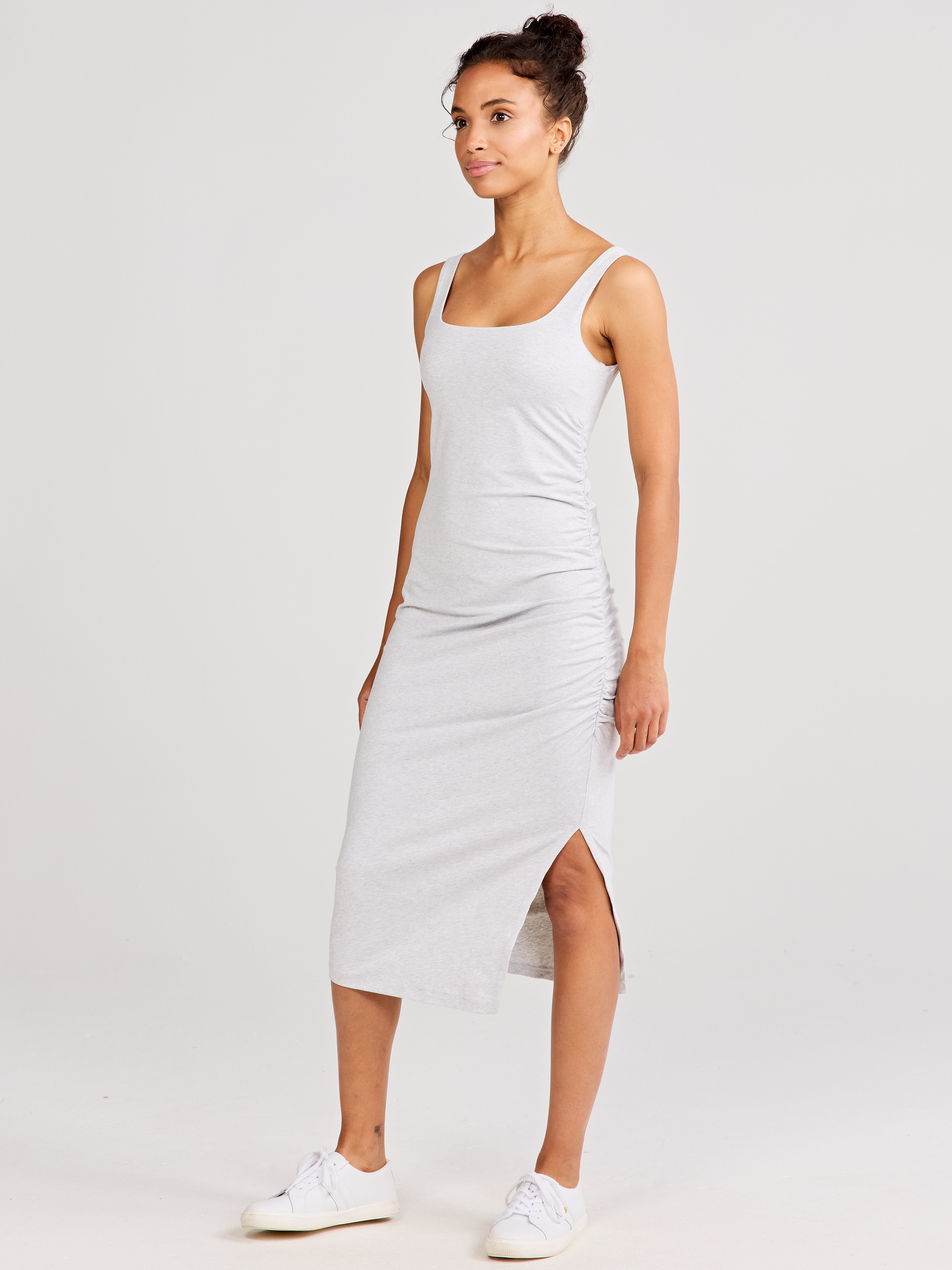 Uptown Luxe Ruched Midi Dress Light Gray Jaspe / XL Uptown Luxe Ruched Midi Dress Light Gray Jaspe / XL