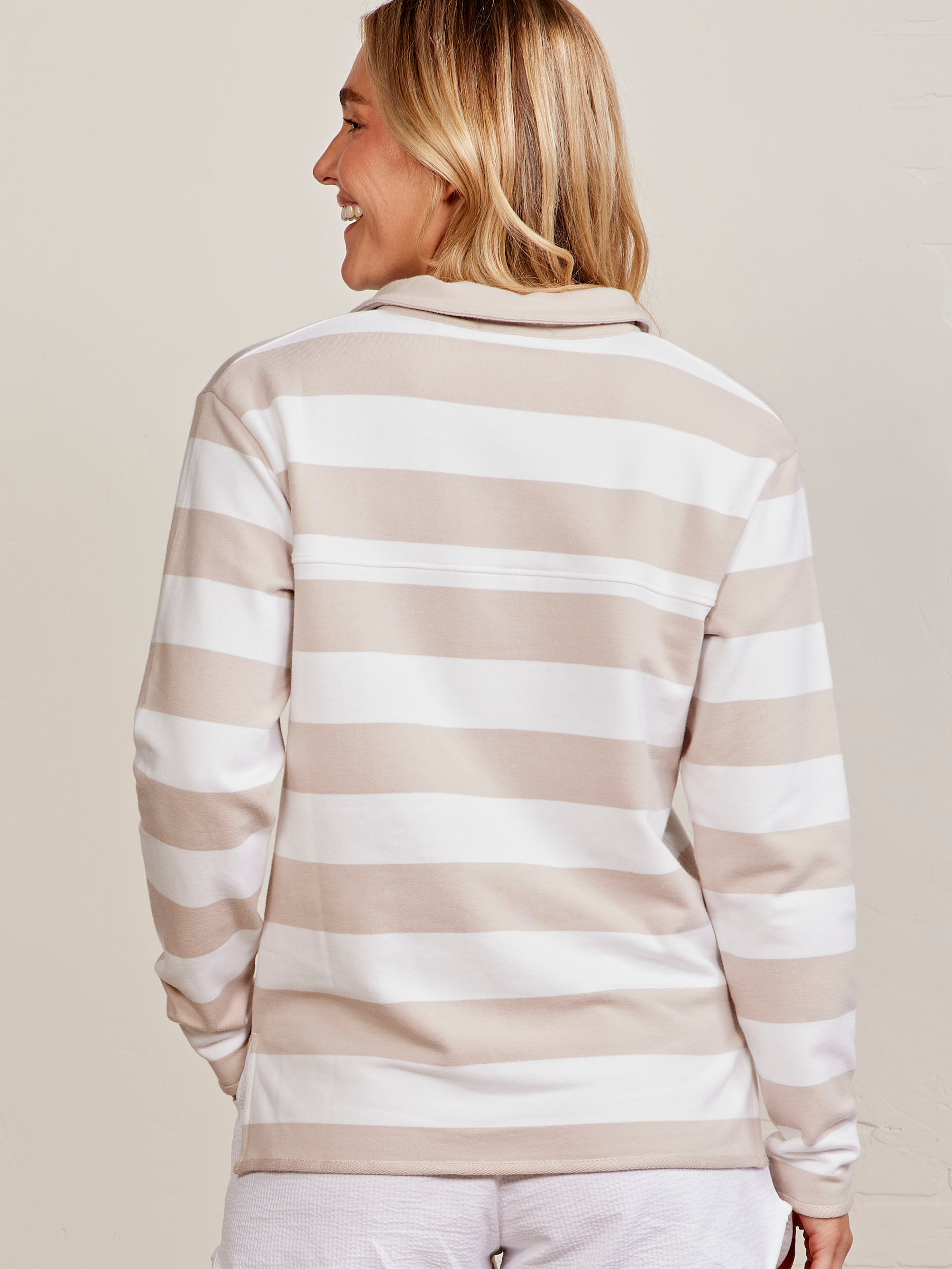 French Terry Polo Sweatshirt - Stripe - tasc Performance (Oyster/White)