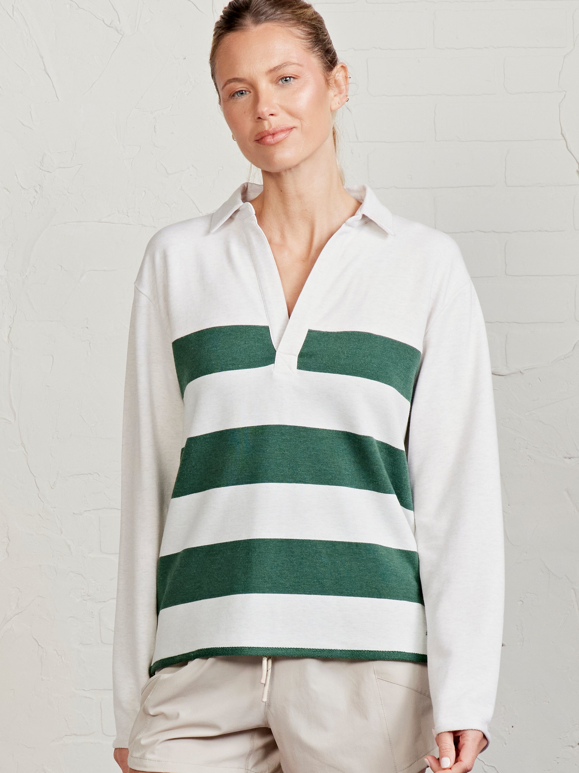 French Terry Polo Sweatshirt Stripe - tasc Performance (CoconutHeather/SpruceHeather)