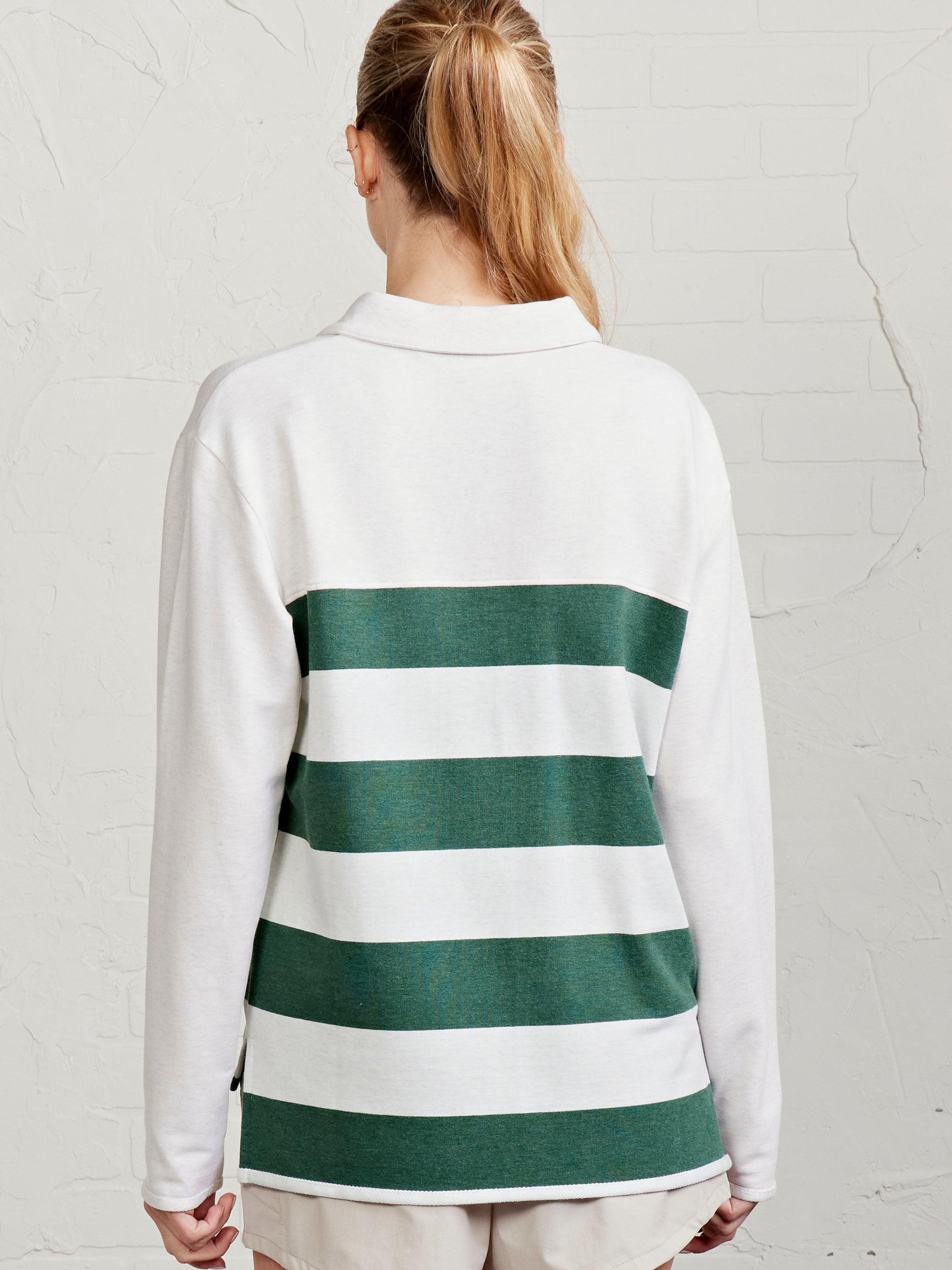 French Terry Polo Sweatshirt Stripe - tasc Performance (CoconutHeather/SpruceHeather)