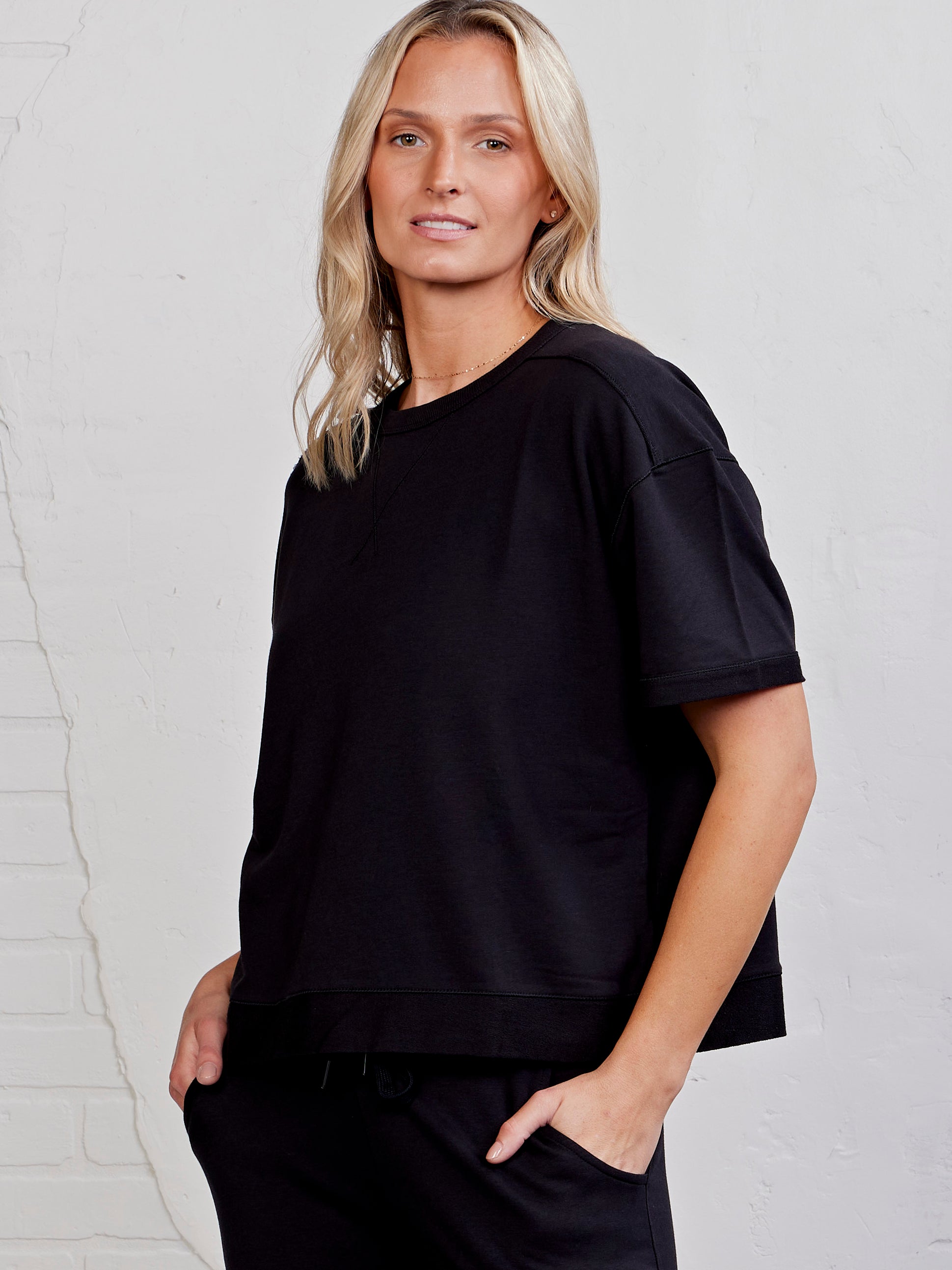 Varsity Boxy Short Sleeve Sweatshirt - tasc Performance (Black)