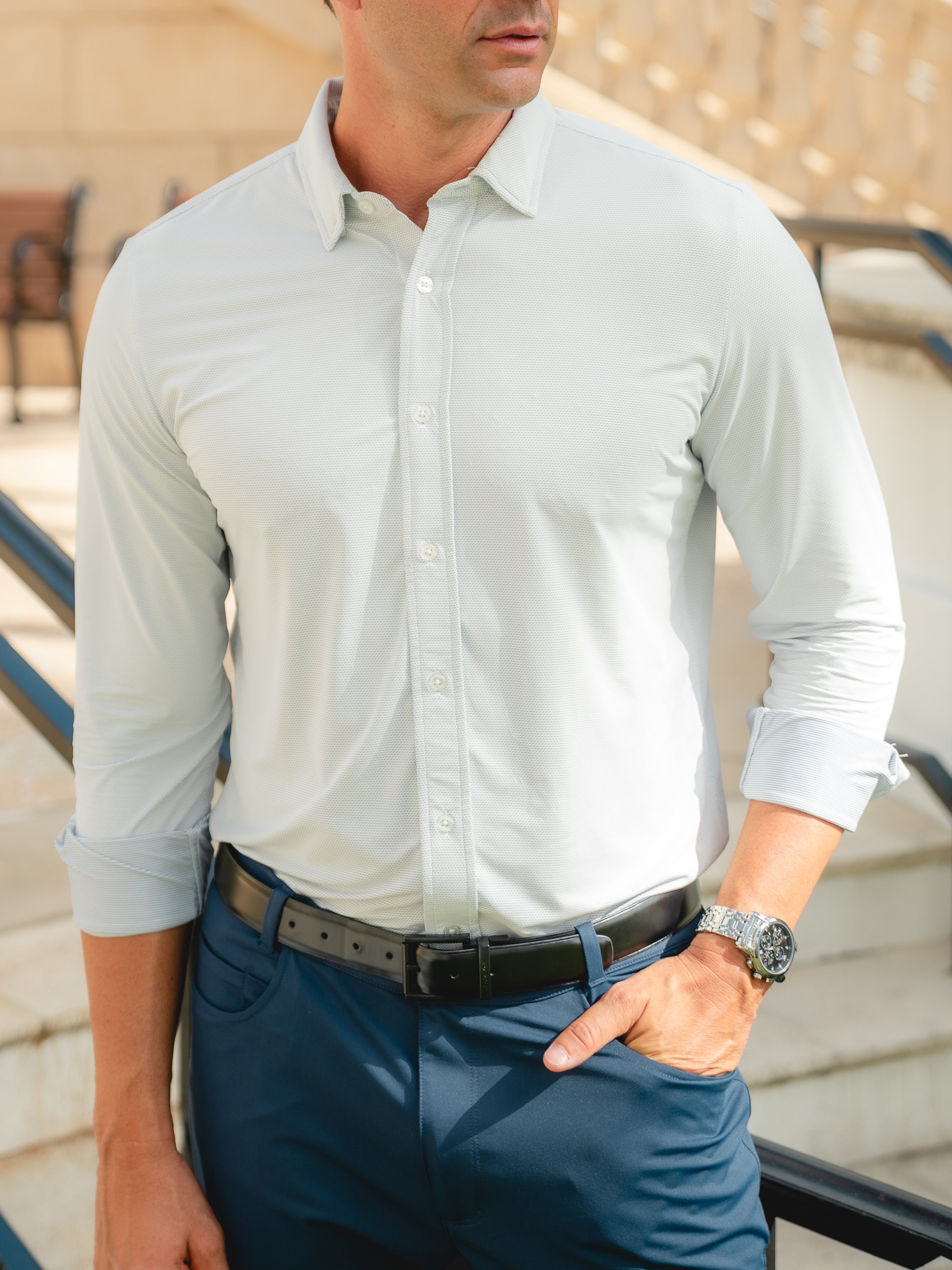 Wayfarer Tailored Fit Performance Button Down - tasc Performance (FrenchBlueDashOxford)