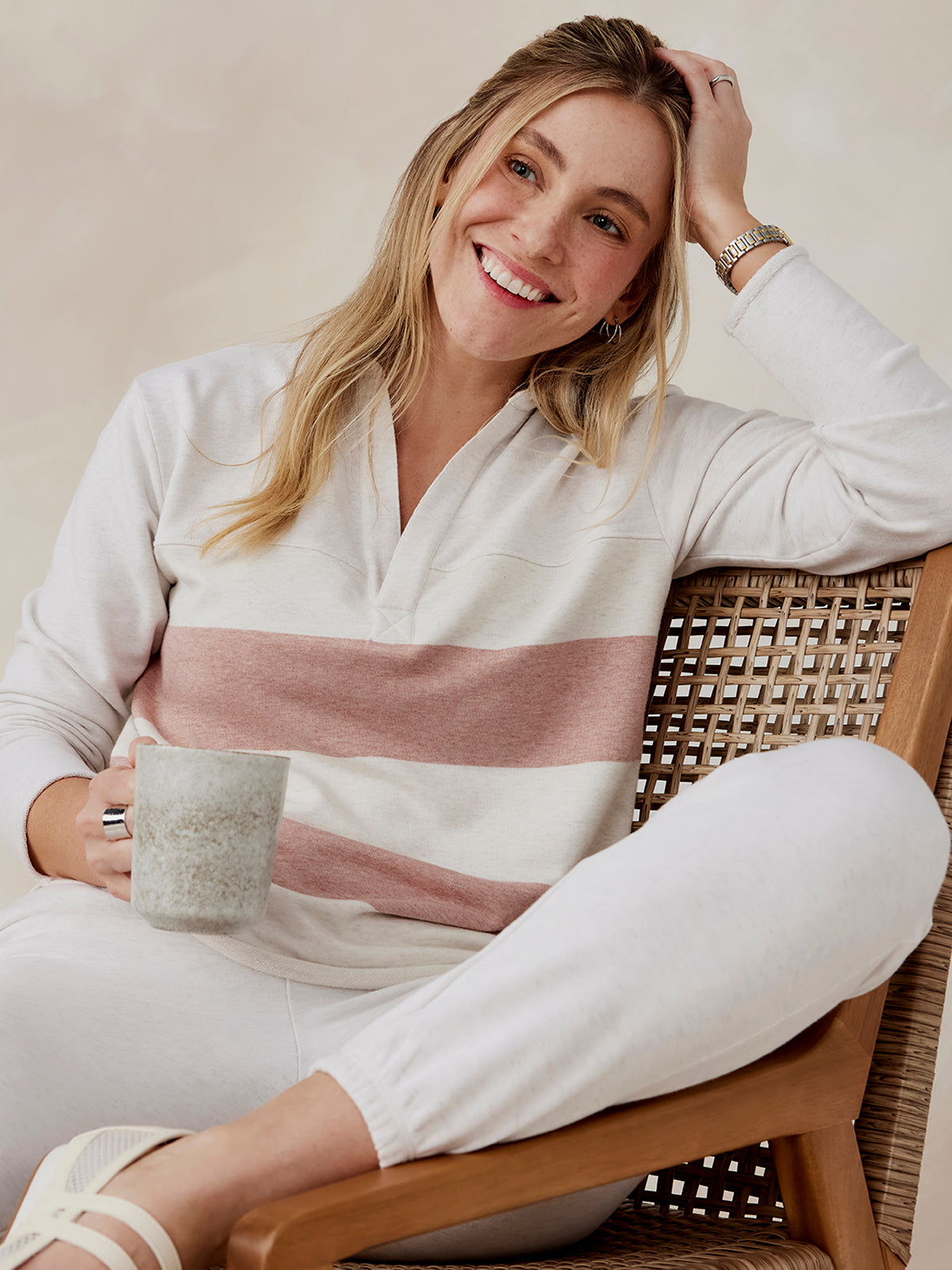tasc French Terry Polo Sweatshirt Stripe (CoconutHeather/RosyHeather)