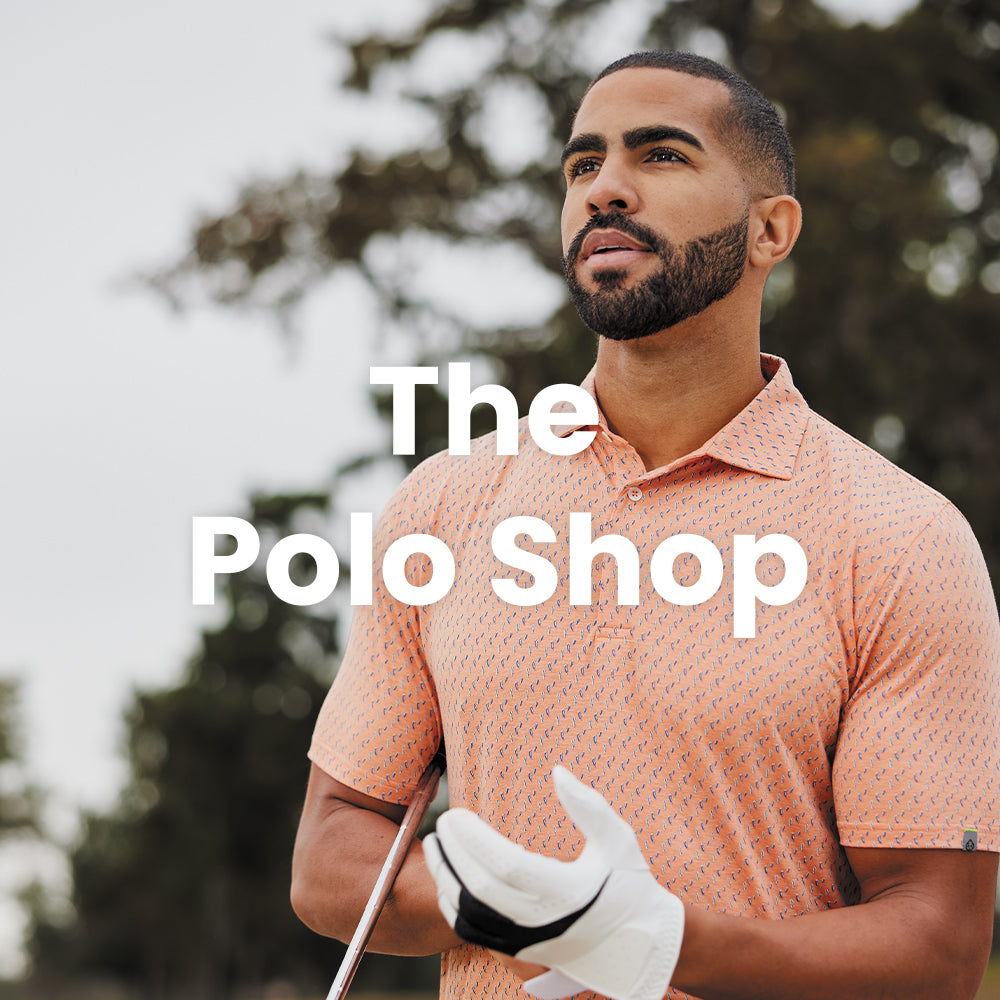 picture of man wearing the cloud polo in apricot. Shop the Polo Shop