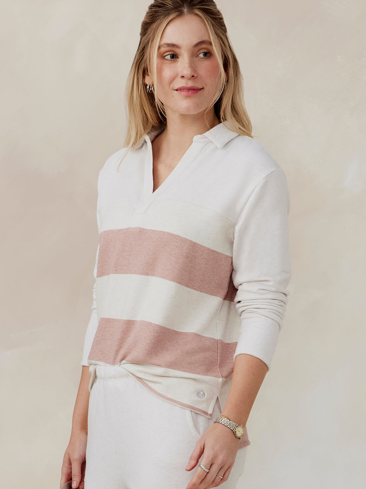 tasc French Terry Polo Sweatshirt Stripe (CoconutHeather/RosyHeather)