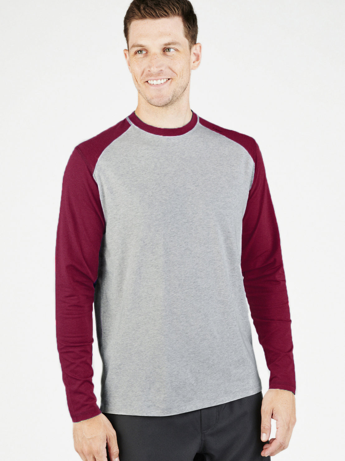 Carrollton Blocked Long Sleeve Fitness T-Shirt - tasc Performance (LightHeatherGray/Maroon)