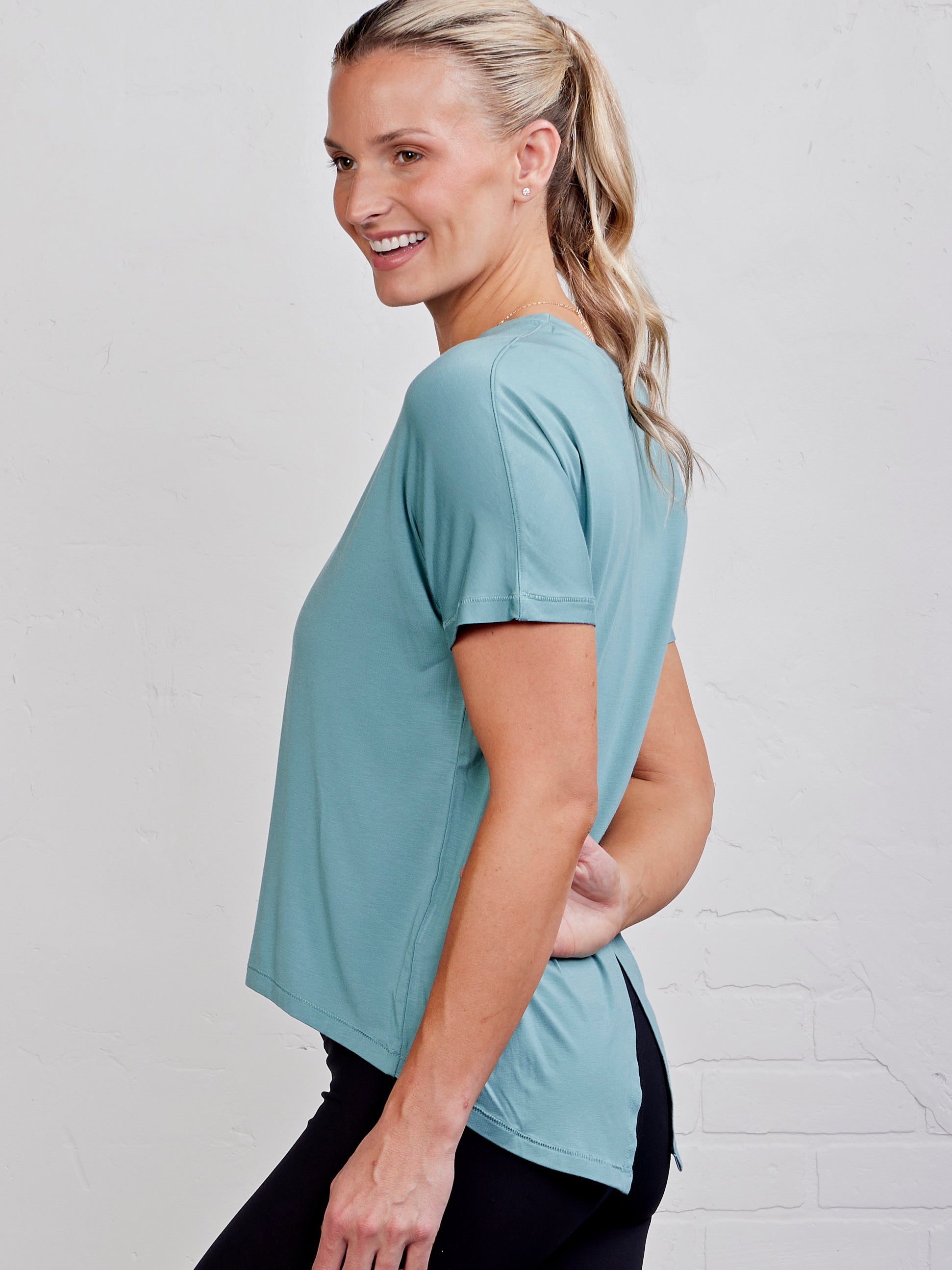 Uptown Luxe Cross Back T-Shirt - tasc Performance (GreenQuartz)